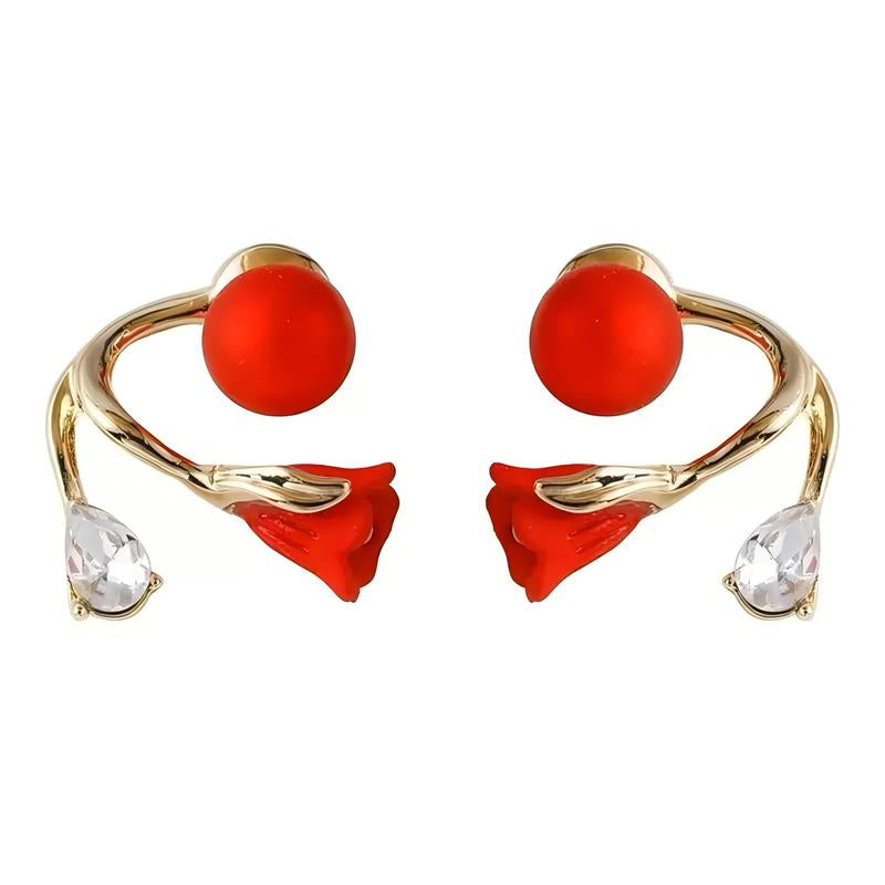 Red Flower Crystal Drop Earrings 14K Gold Plated Stud Earrings Rhinestone Floral Earrings Elegant Sparkling Earrings for Women Fashion Jewelry Gift