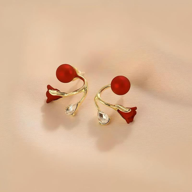 Red Flower Crystal Drop Earrings 14K Gold Plated Stud Earrings Rhinestone Floral Earrings Elegant Sparkling Earrings for Women Fashion Jewelry Gift