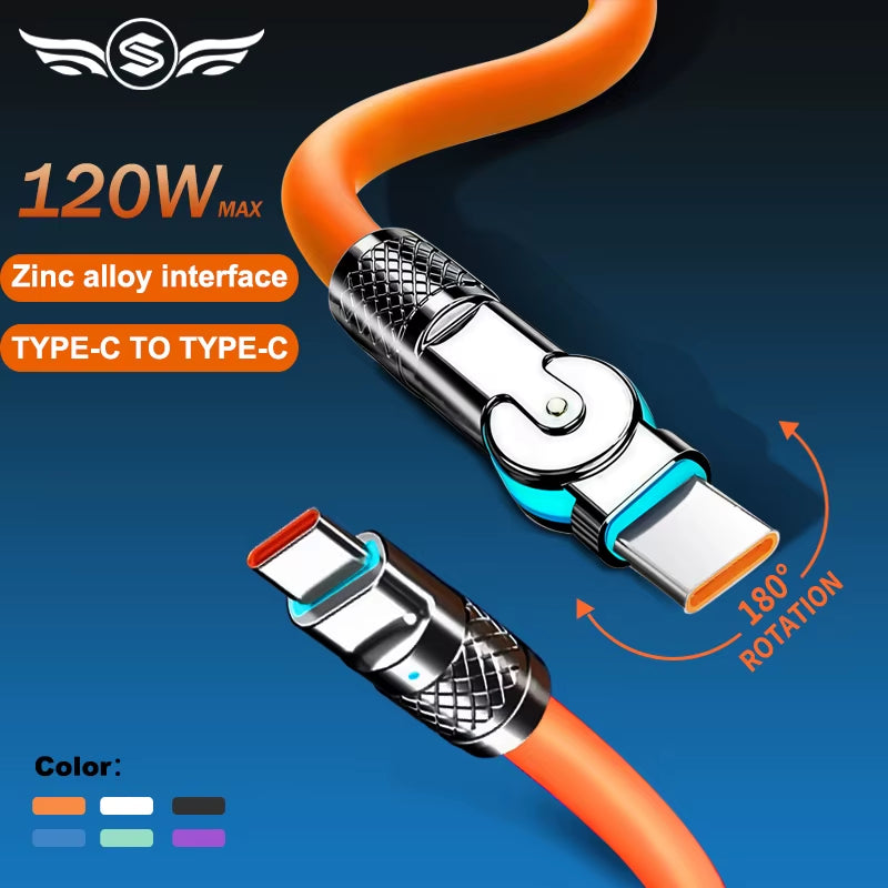 120W 6A uper Fat Charge Type C ilicone 180 ° Rotating Elbow TYPE-C-C Data Cable 1M 2M Ub Cable Ub C to C Charger Cable