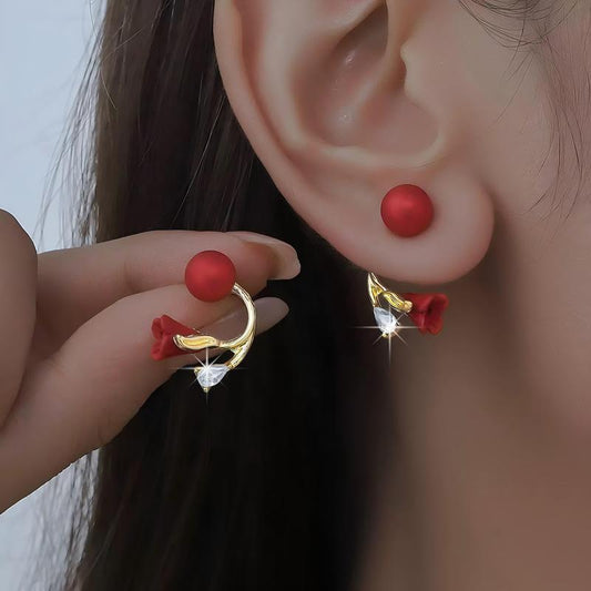 Red Flower Crystal Drop Earrings 14K Gold Plated Stud Earrings Rhinestone Floral Earrings Elegant Sparkling Earrings for Women Fashion Jewelry Gift